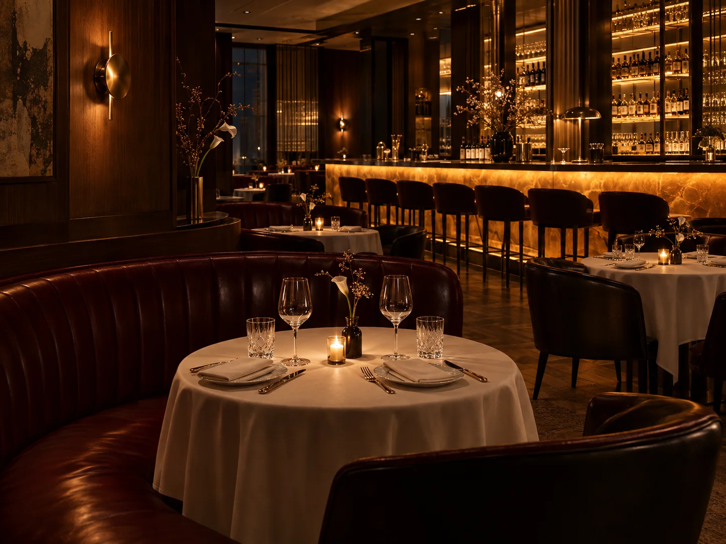 Dining atmosphere concept with candlelit tables and a glowing amber bar