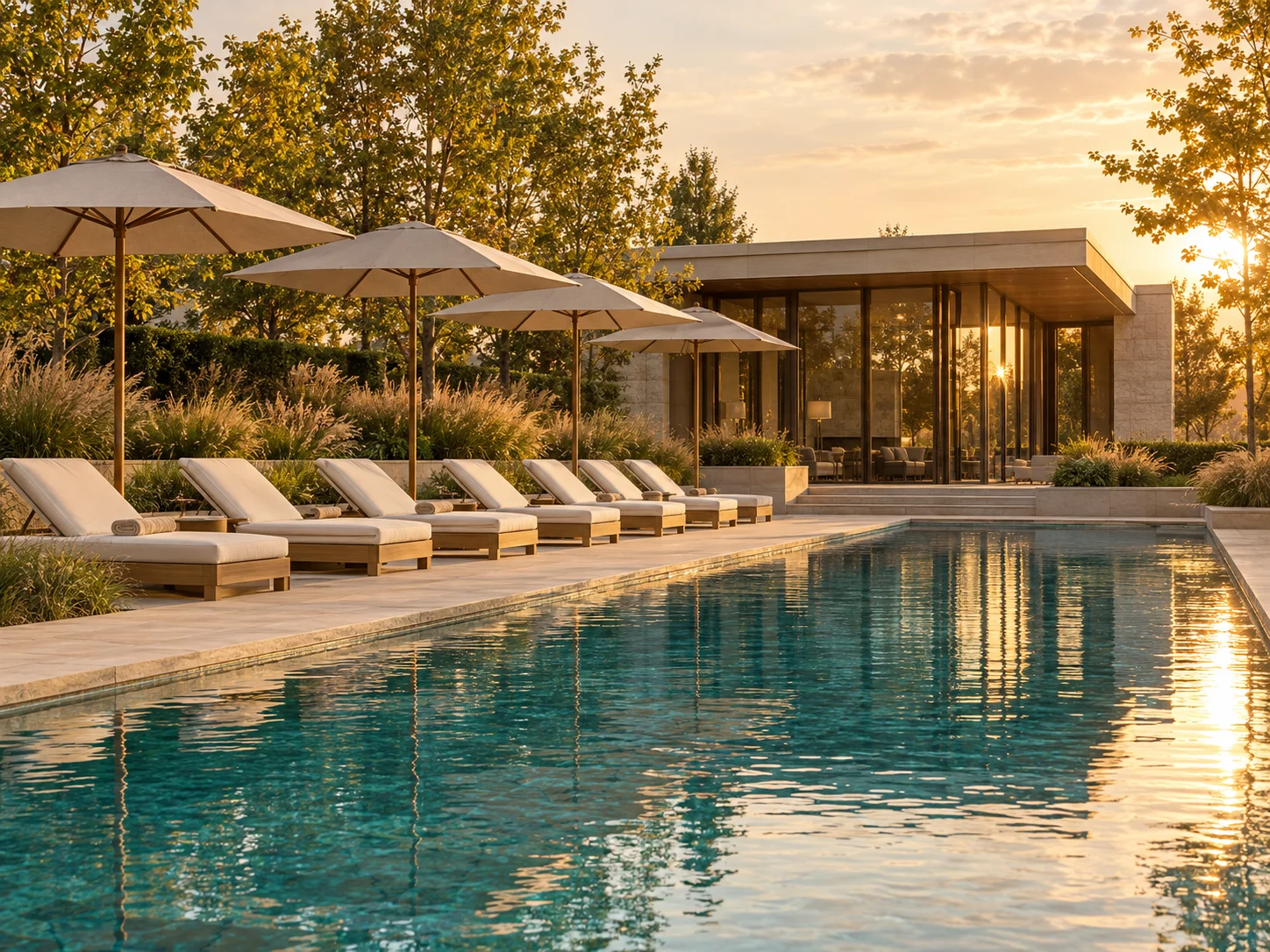 Outdoor pool concept in warm evening light
