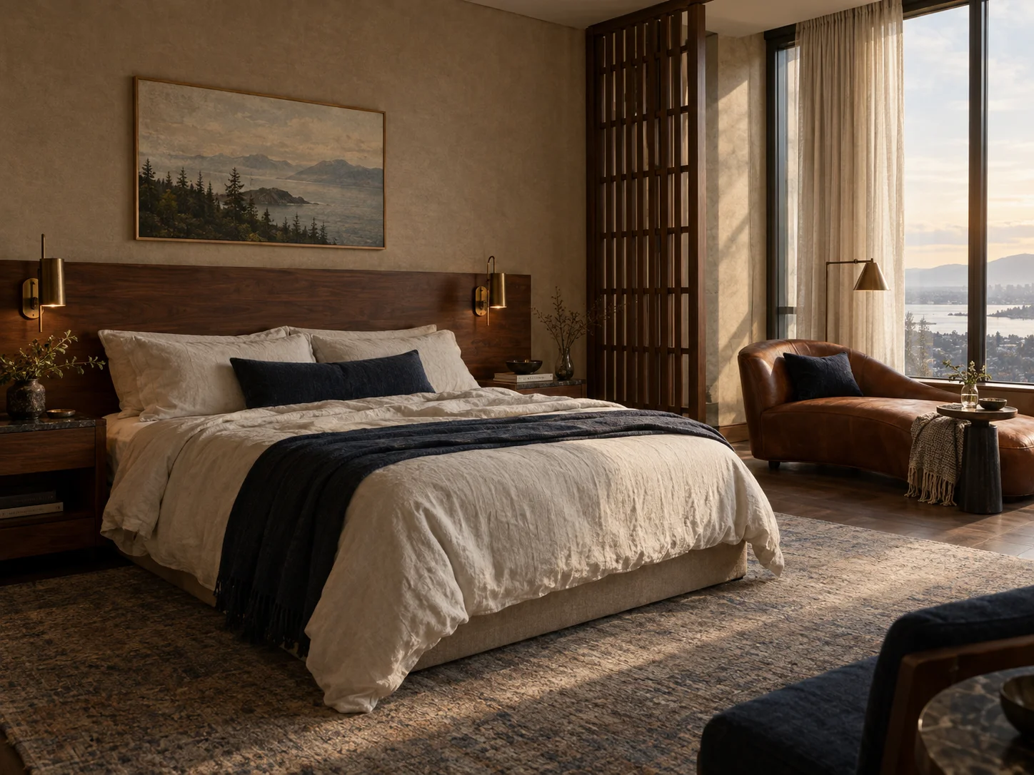 Illustrative room concept with warm walnut and ivory linens