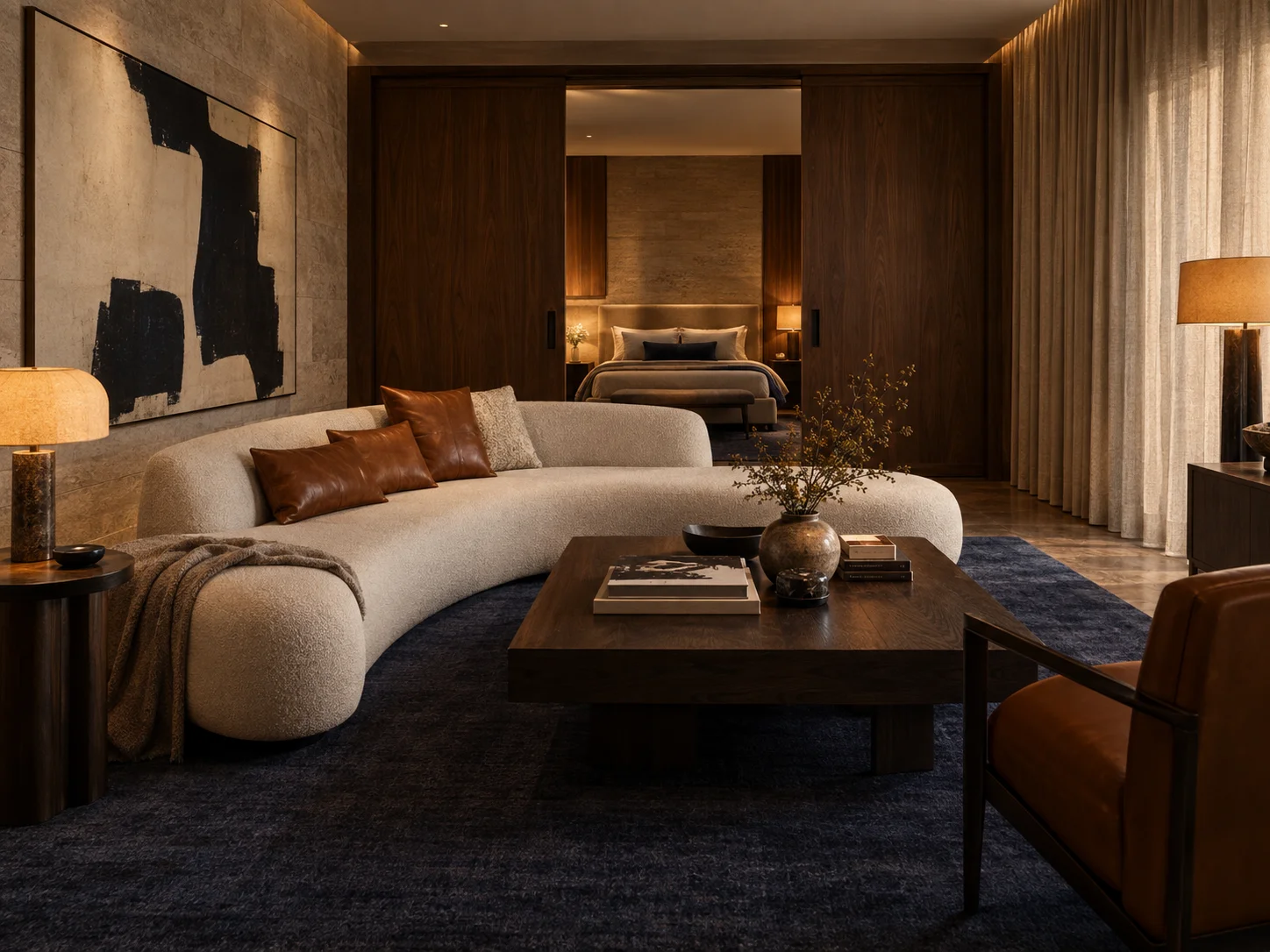 Illustrative suite concept with sculptural seating and warm ambient light